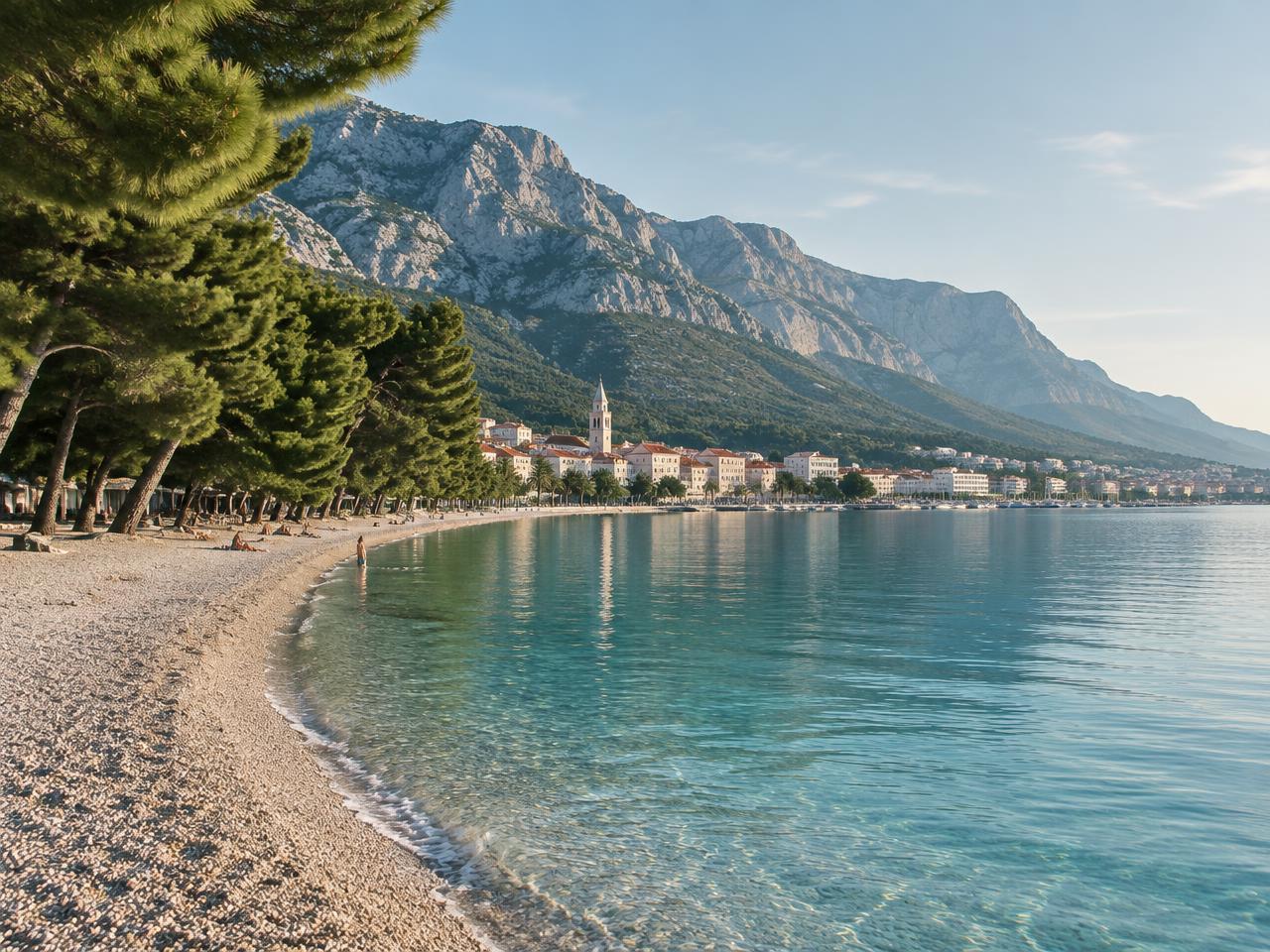 Kiezelstrand van Makarska met pijnbomen en het Biokovo-gebergte