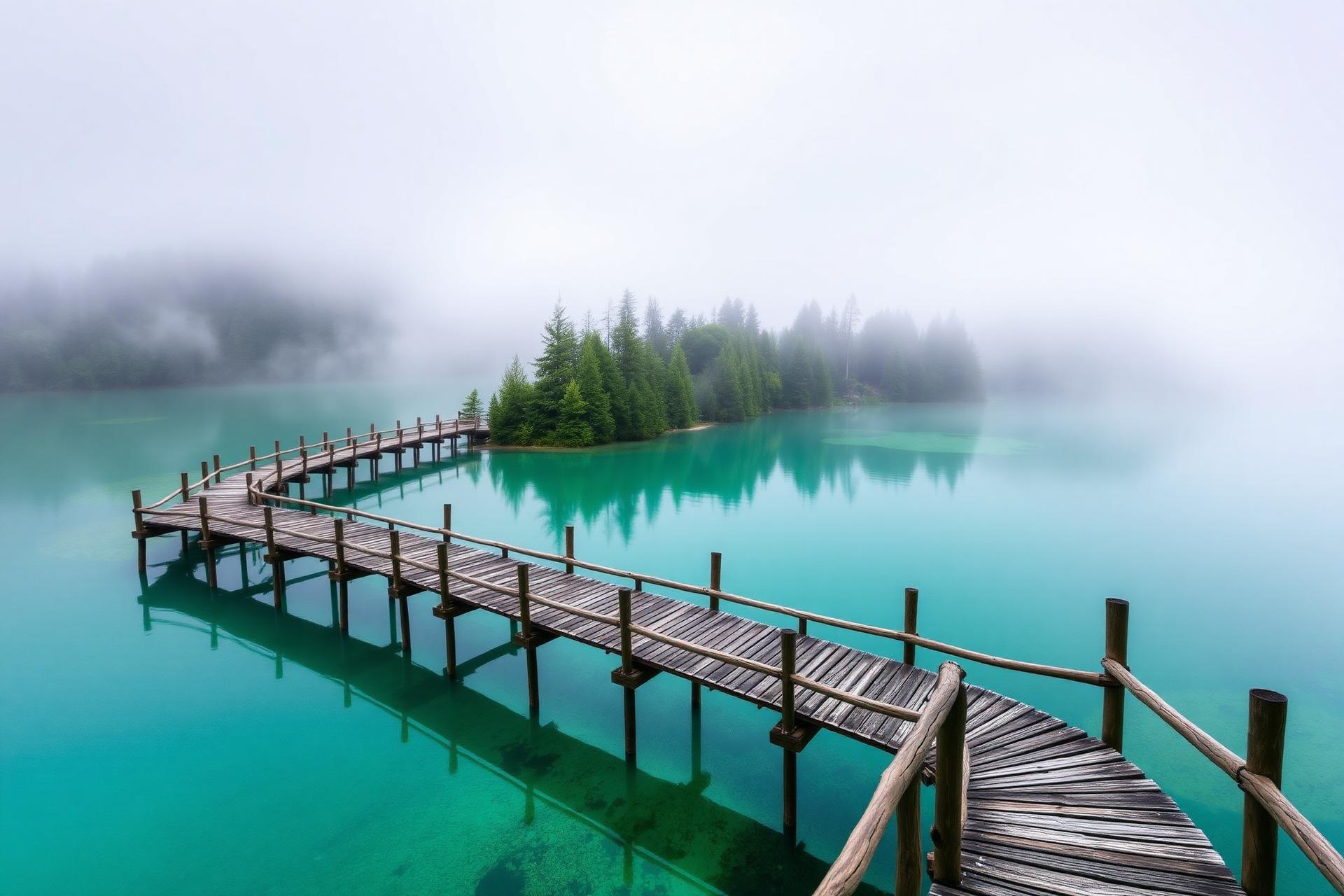 Wooden boardwalk over emerald lake