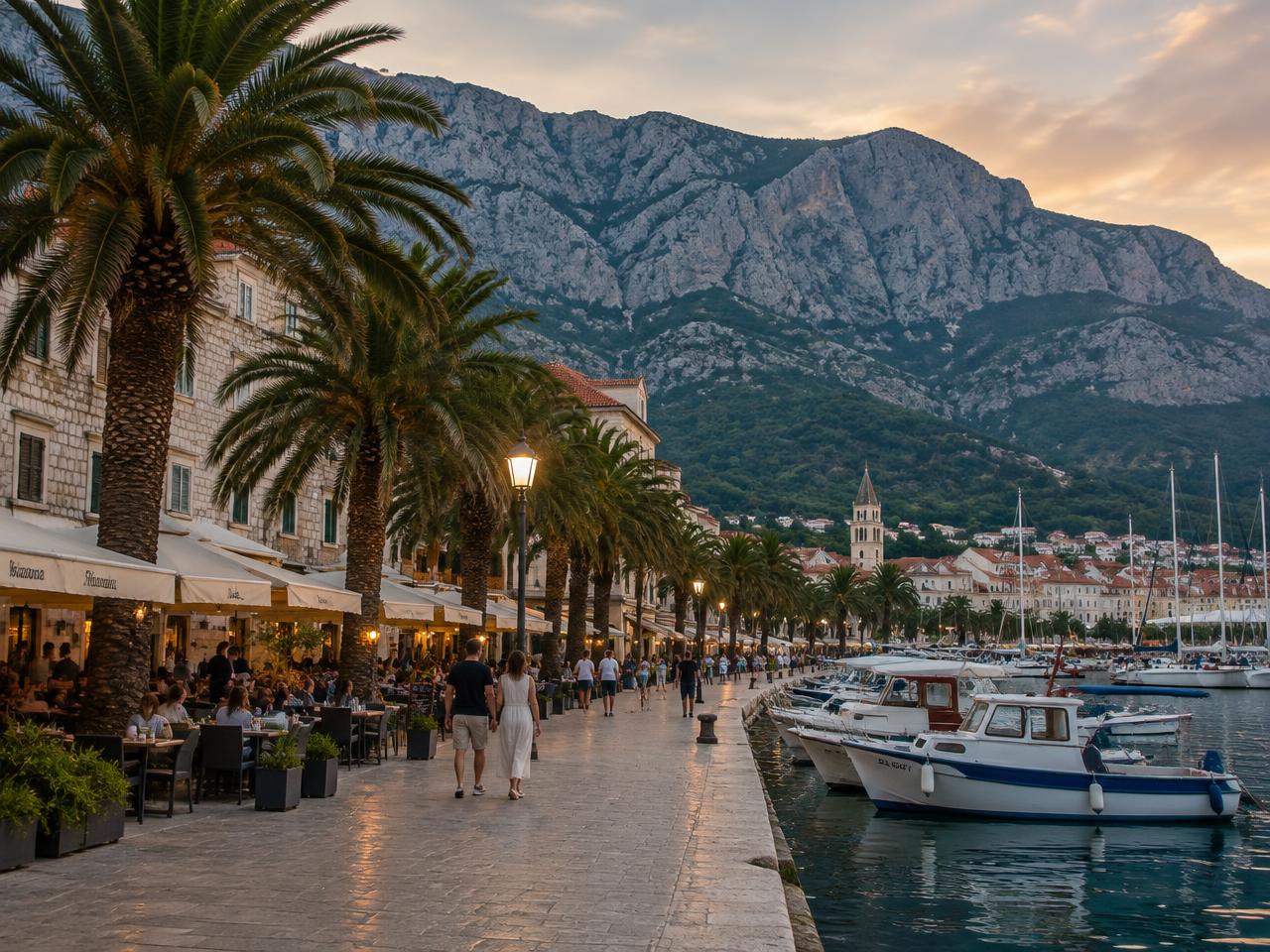 Boulevard van Makarska met palmen en terrassen